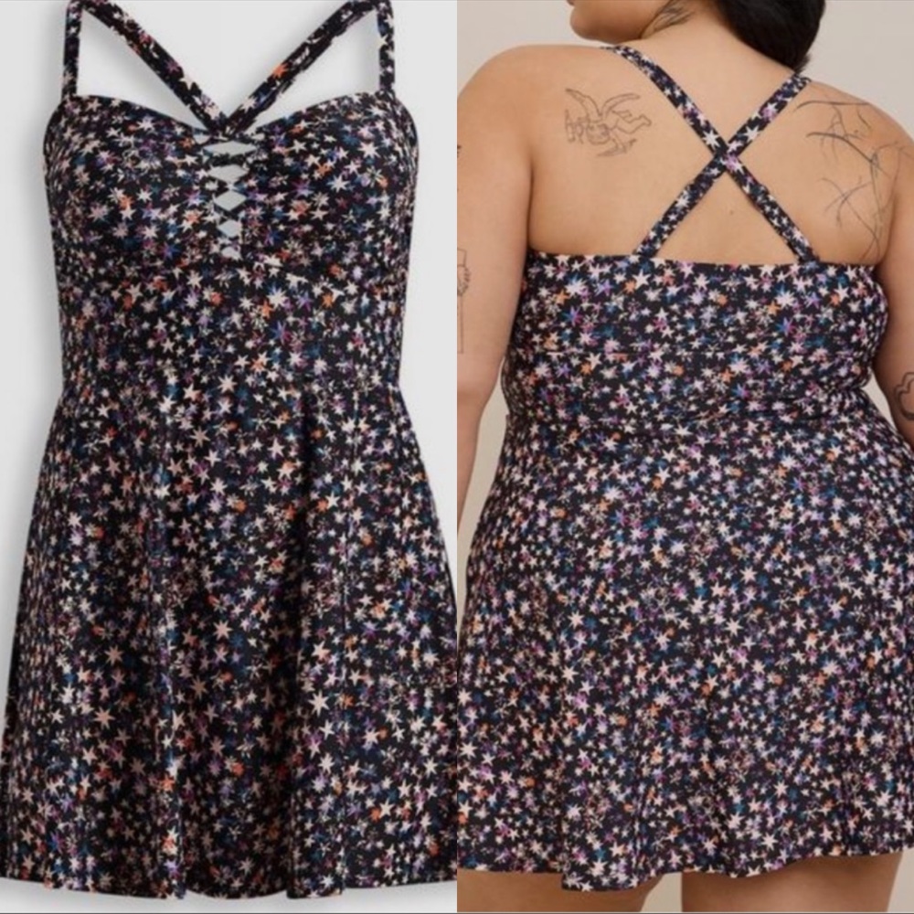 Wireless Long Lattice Front Swim Dress With Brief